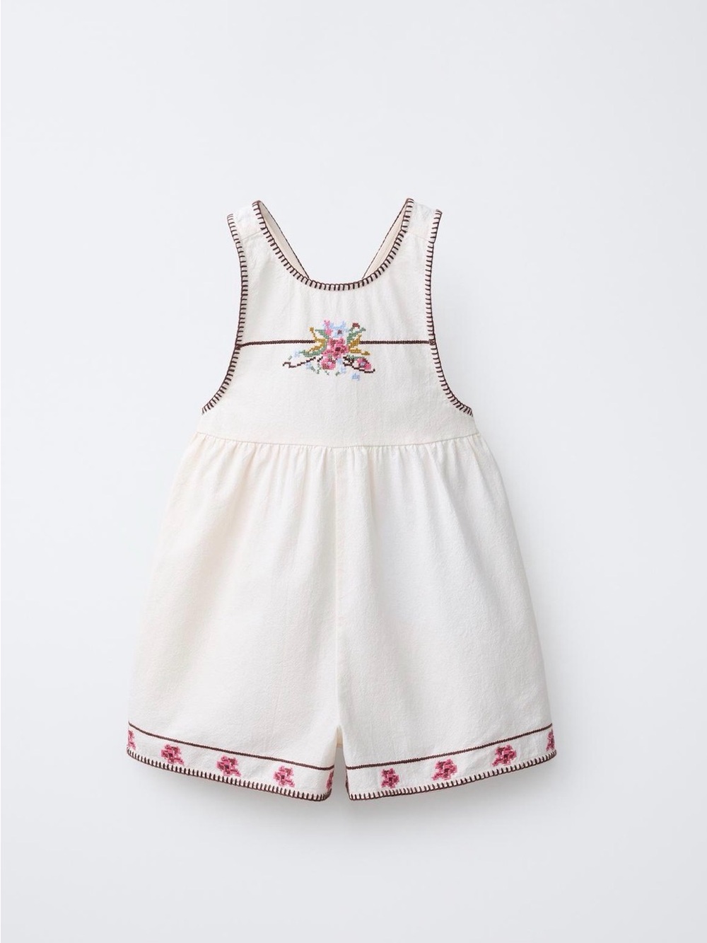 Zara Cream Romper with Pink Floral Embroidery